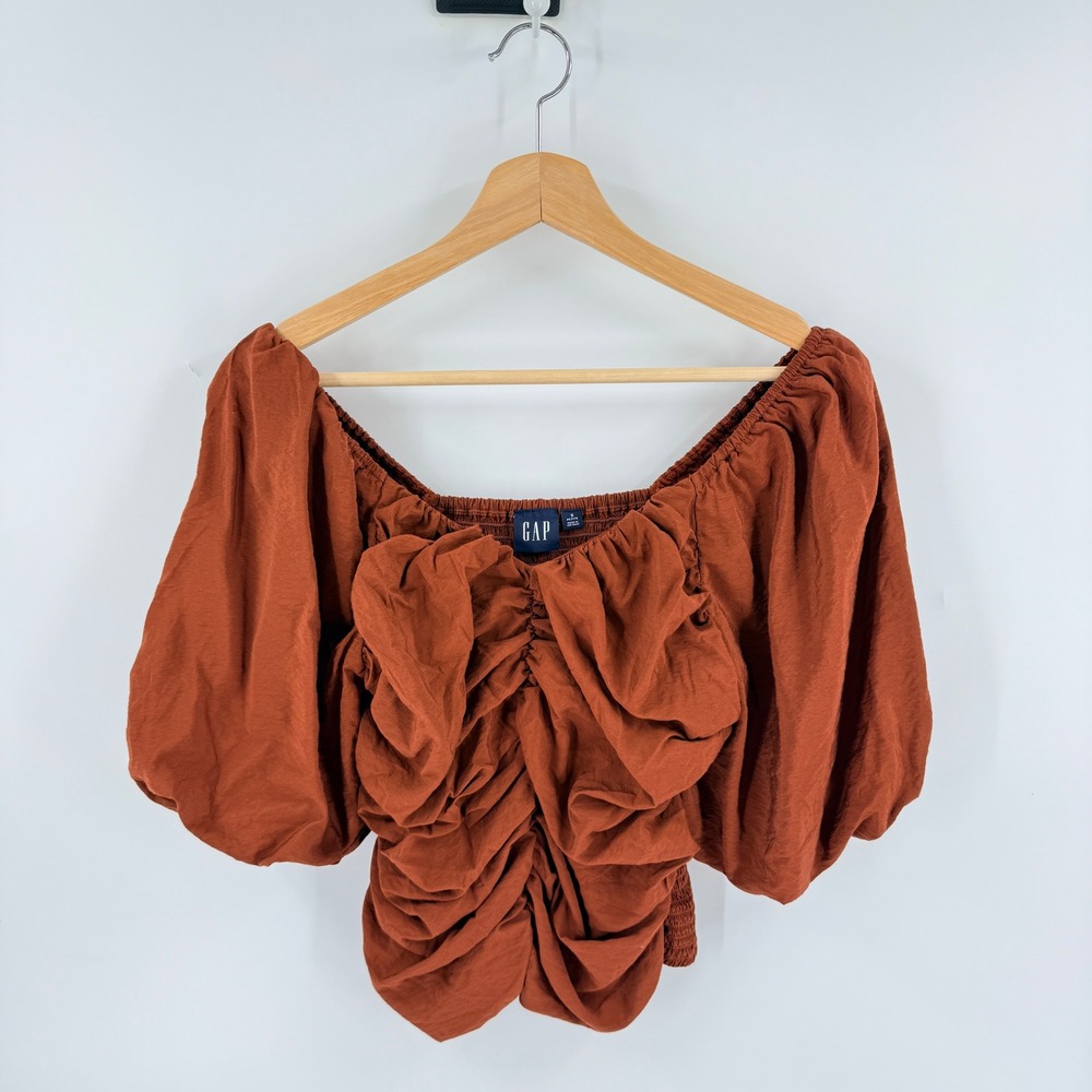 GAP Ruched Puff Sleeve Blouse Rust Small Petite Boho Cottagecore Smocked